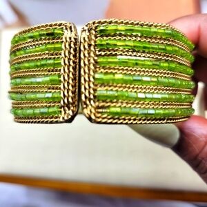 Vintage Beaded Cuff Bracelet / Citron & Gold / Hinged